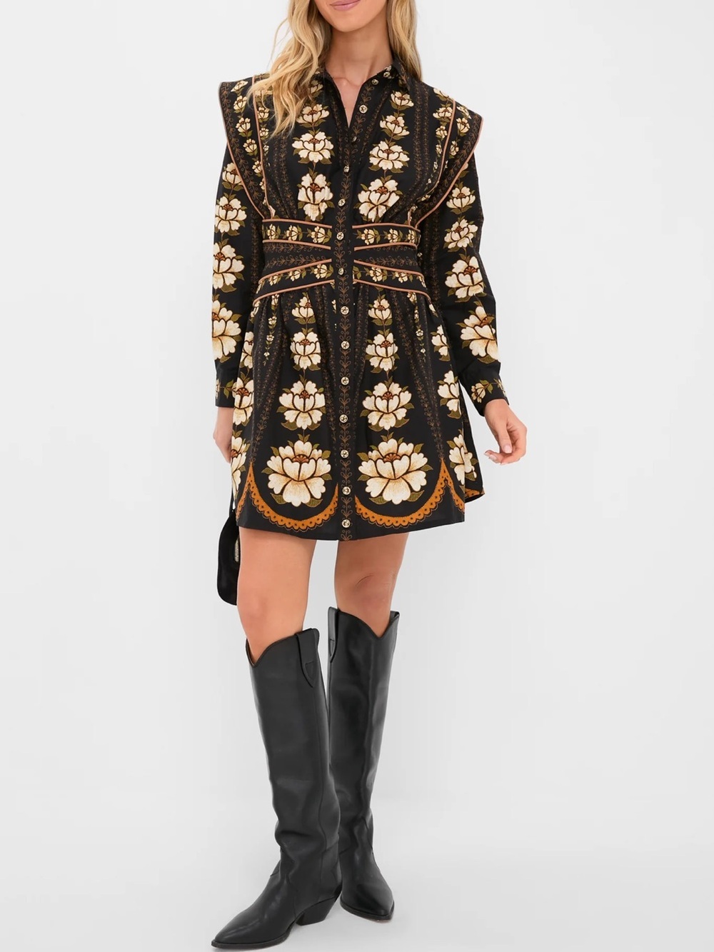 Tuckernuck FARM RIO Black Embroidered Flowers Long Sleeve Mini Dress Sz L NEW